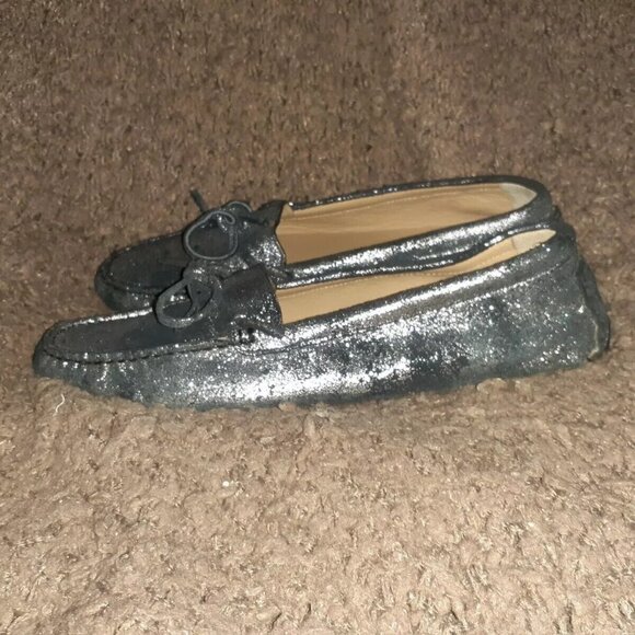 BOEMOS-Crackled/Distressed Silver/Black Suede Loafers-Bow-Driving-Sz39-Near Mint - Picture 2 of 7
